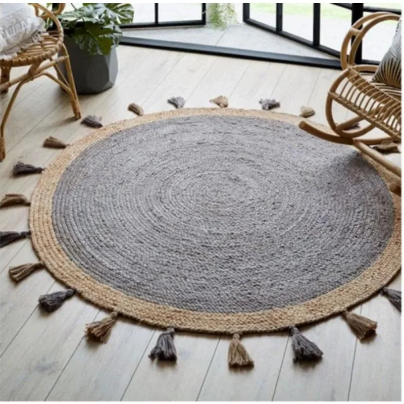 

Round Rug 100% Jute Tassel Style Braided Carpet Farmhouse Area Modern Look Rug