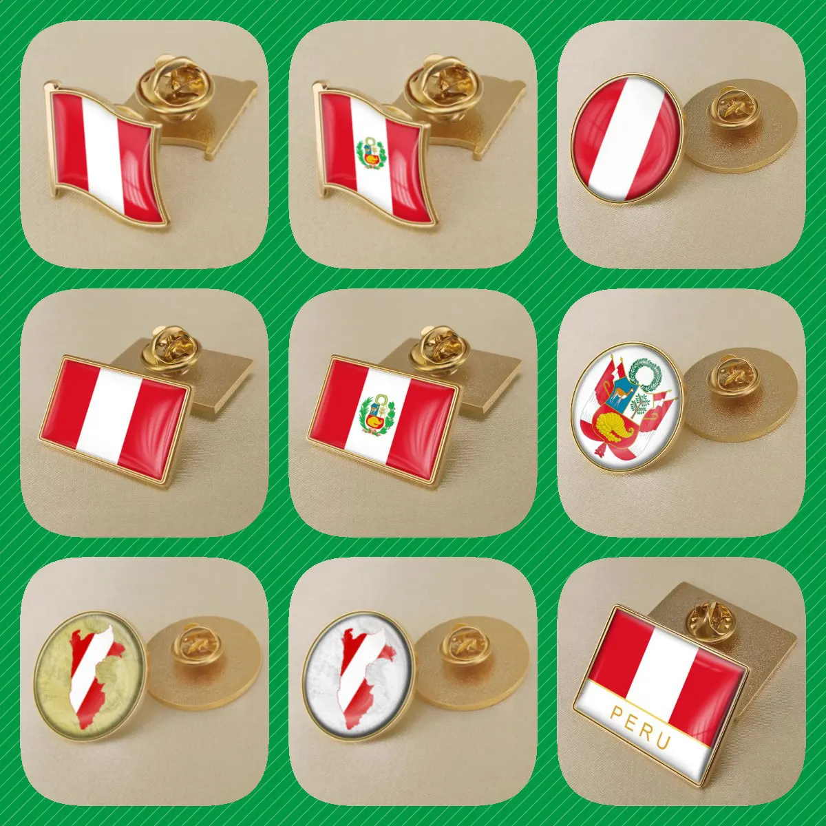 

Peru Peruvians Map Flag National Emblem National Flower Brooches Badges Lapel Pins