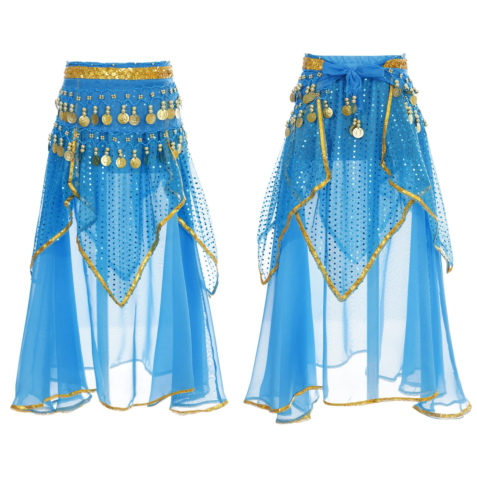 

Kids Girls Belly Dance Skirt Sequined Tassel Dots Skirt with Beads Coins Chain Hip Scarf for Halloween Party Indian Performance