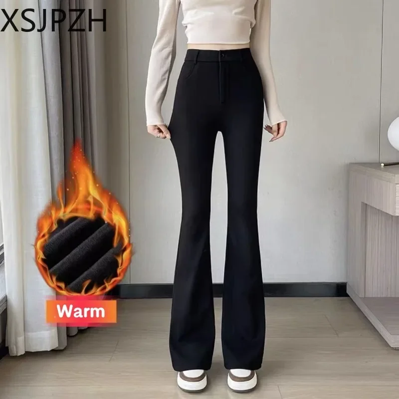 

Women's Pants Autumn Winter High Waisted Slimming Thickened Fleece Casual Black Loose Straight Suit Slight Flared Trousers