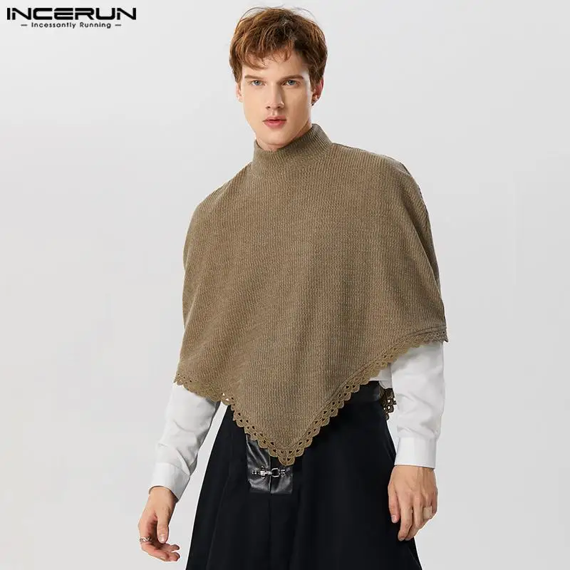 

Casual Simple Style Tops INCERUN New Men's Loose Fitting Solid Knitted Lace Trench Fashion Male High Neck Shawl Cape S-5XL 2024