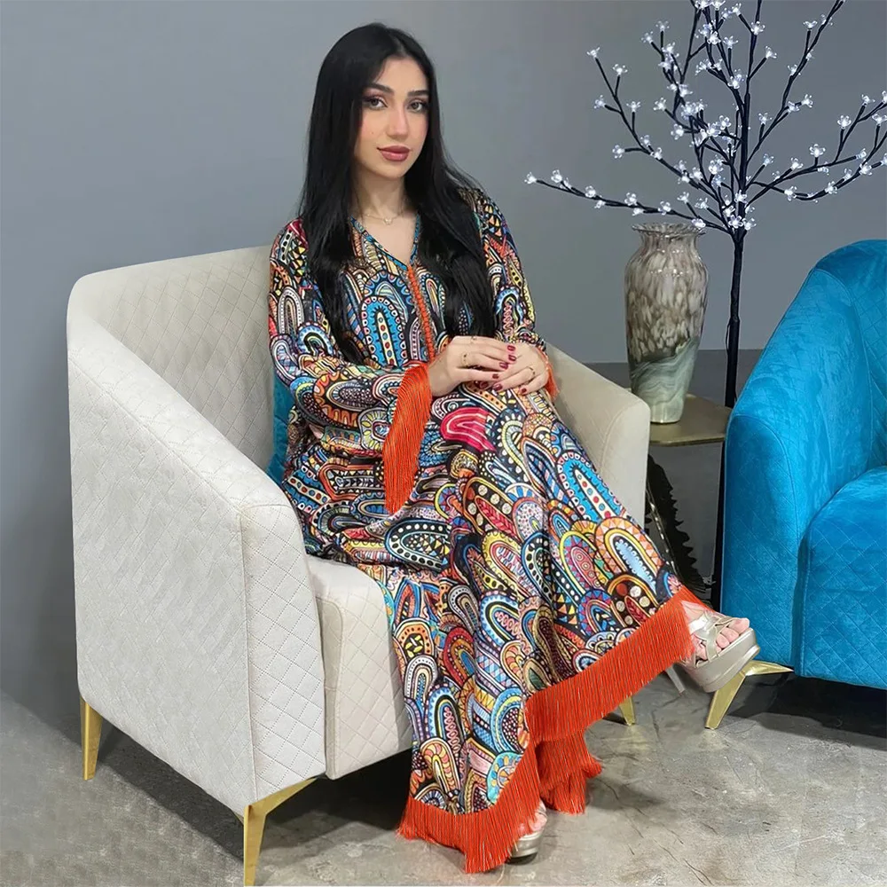 

Eid Mubarak Djellaba Floral Print Abaya Women Muslim Dress Dubai Turkey Kaftan Islamic Gulf Jalabiya Tassel Caftan Robe Vestidos