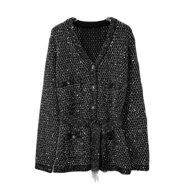 

2023 Autumn Winter New Women High Quality Wool Sequined Cardigans Fashion Runway V Neck Waist Up Sweater For Female Casual