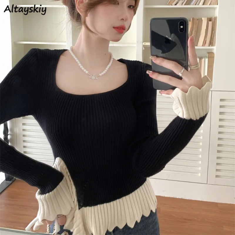 

Асимметричные женские пуловеры с длинным рукавом и круглым вырезом в стиле пэчворк модный простой женский уличный свитер для влюбленных новый шикарный осенний свитер