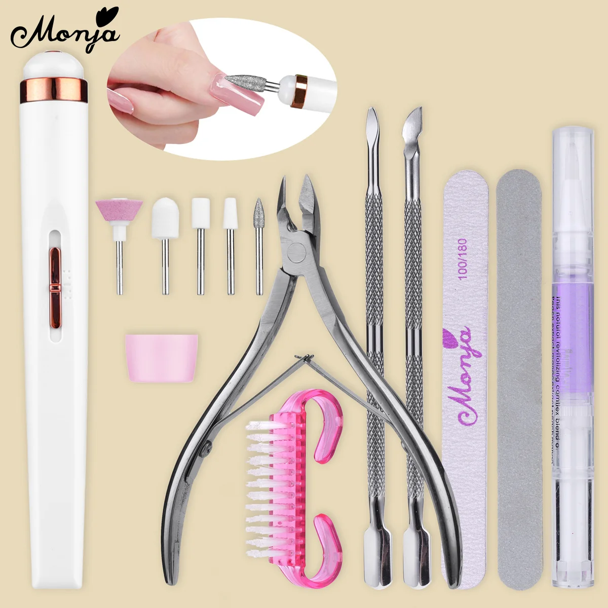 

Monja Nail Sets Kit Cuticle Soften Remover Drill Machine Acrylic Sanding File Buffer Pusher Scissors Pre-treatment Manicure Tool