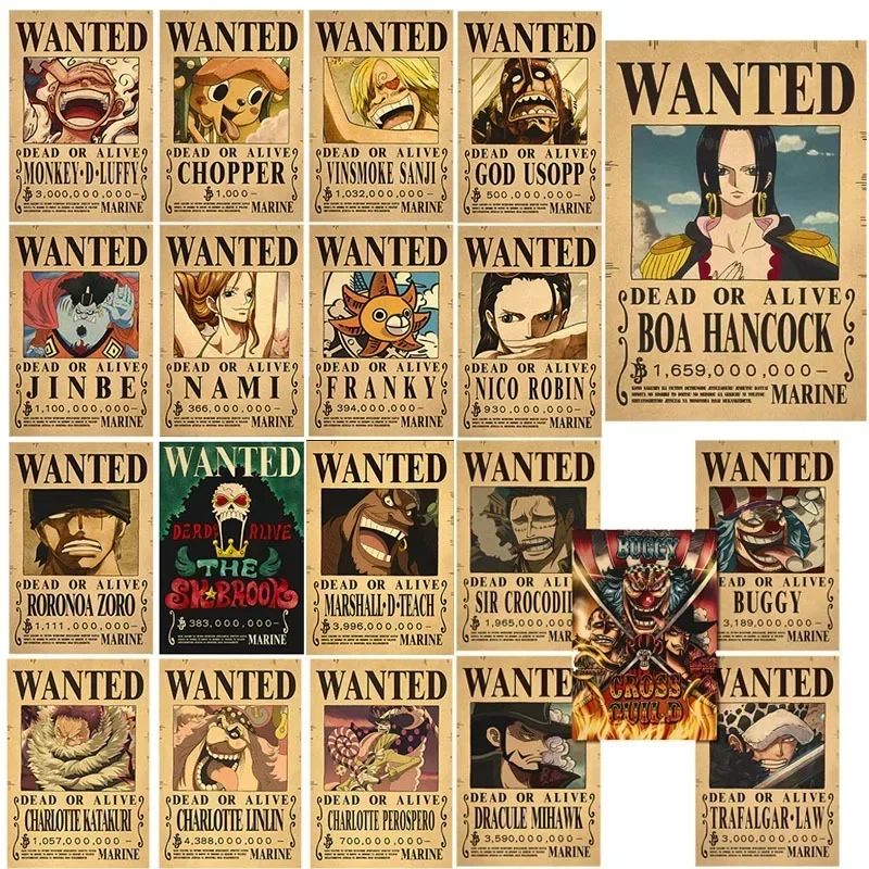 

New Anime One Piece Luffy 3 Billion Bounty Wanted Posters Four Emperors Kid Action Figures Vintage Wall Decoration Poster Toys