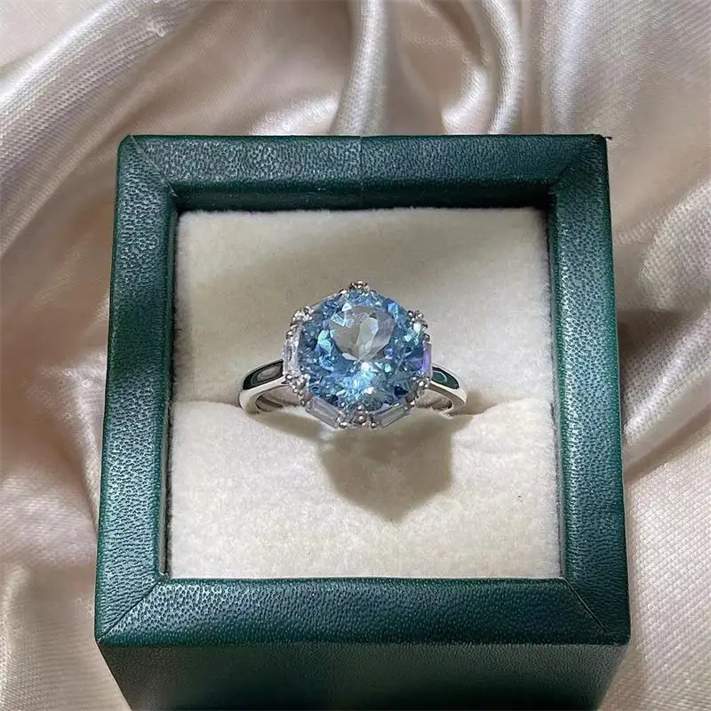 

Best Seller Ring Newest Ring For Woman With Natural Sky Blue Topaz 10*10mm Silver Vintage Ring For Lady Gift Wedding Dating