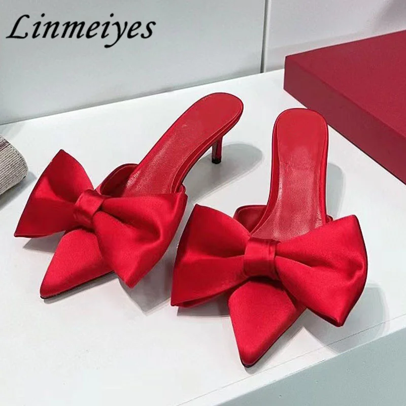 

New High Heels Slippers Women Pointed Toe Big Butterfly-knot Runway Shoes Satin Shallow Wedding Party Shoes Summer Sandals Woman