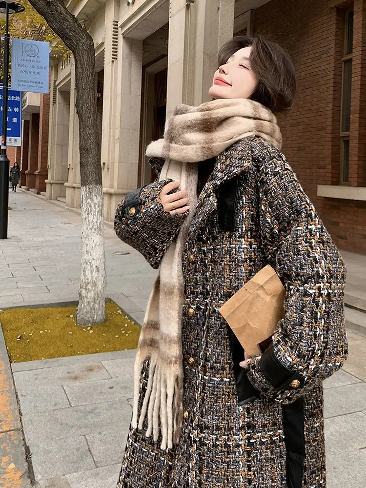 

Thicken Long Tweed Wool Coat Jacket Women Winter Two Tone Color Woolen Overcoat Lapel Collar Warm Outerwears 2023