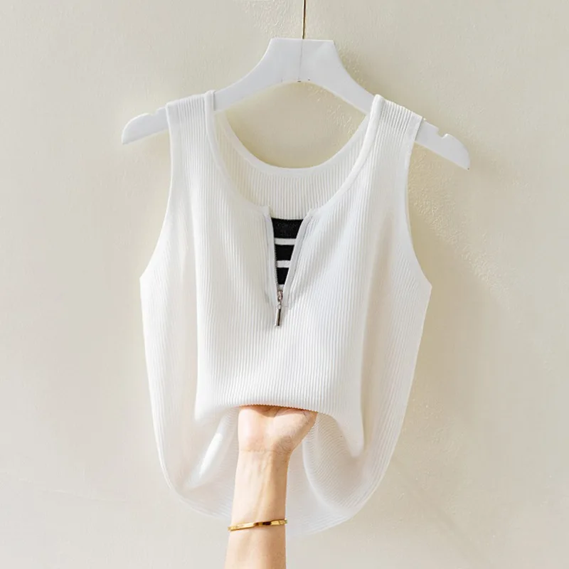 

Camisole Vest Women Undershirt with A Suit Base Sleeveless Fake Two-piece Knitted Sweater Summer Top