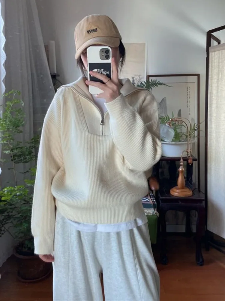 Women Sweaters 2023 Autumn Winter Half Zip Standing Neck New In Korean Fashion Simple Lazy Style Loose Relaxed Pullover Knitwear
Women Sweaters 2023 Autumn Winter Half Zip Standing Neck New In Korean Fashion Simple Lazy Style Loose Relaxed Pullover Knitwear