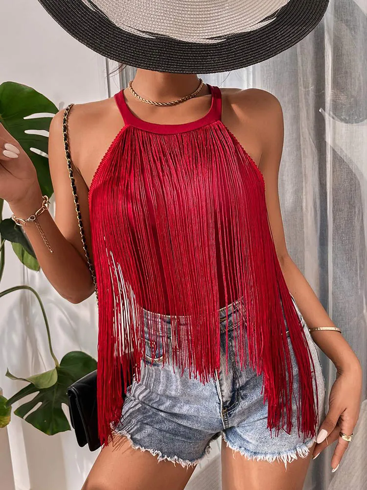 Sexy women's suspender summer solid color vest patchwork design with tassel decoration Halter sleeveless slim fit pullover
Sexy women's suspender summer solid color vest patchwork design with tassel decoration Halter sleeveless slim fit pullover