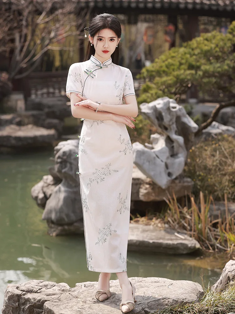 

Summer Short Sleeve Chinese Style Qipao Dress Satin Fashion Formal Party Elegant Dresses Lady Long Cheongsam