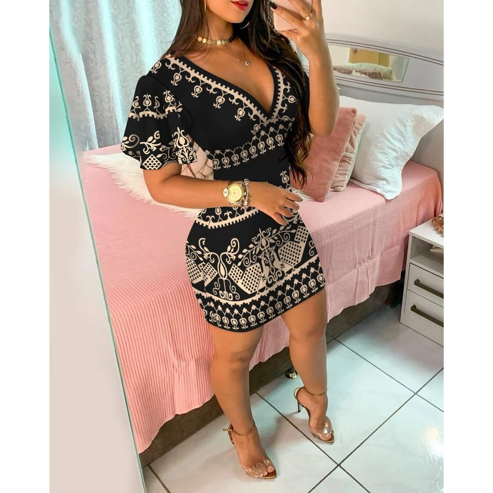 

Summer Women Tribal Print Plunge Mini Dress Female Fashion Black V neck Short Sleeve Bodycon Birthday Party Dress Casual