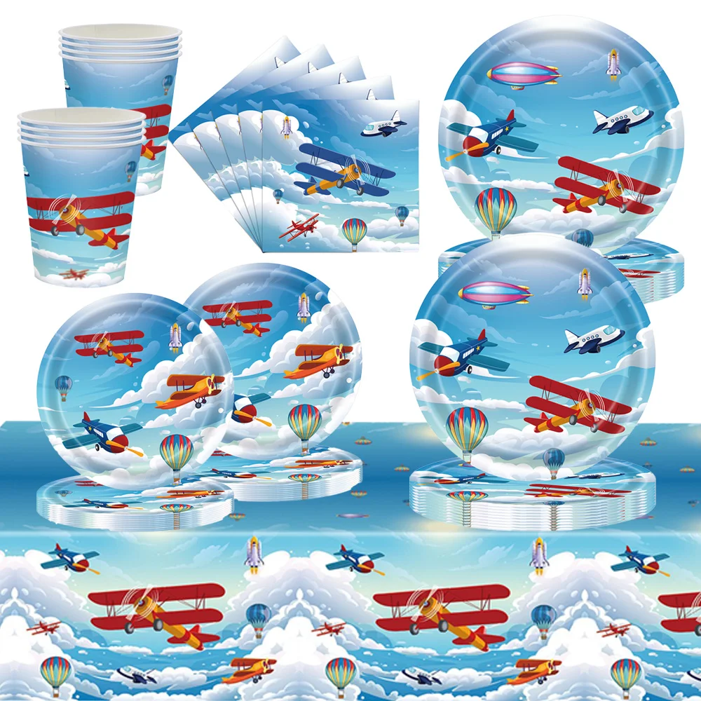 

Airplane Birthday Party Decorations Disposable Tableware Set Plates Cups Napkins Forks Boys Flight Themed Baby Shower Decoration