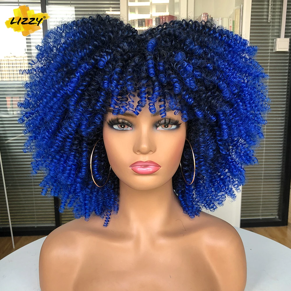 

Афро кудрявый парик с короткими волосами для чернокожих женщин, косплей, синие синтетические натуральные парики, Африканский Омбре, без клея, высокая температура