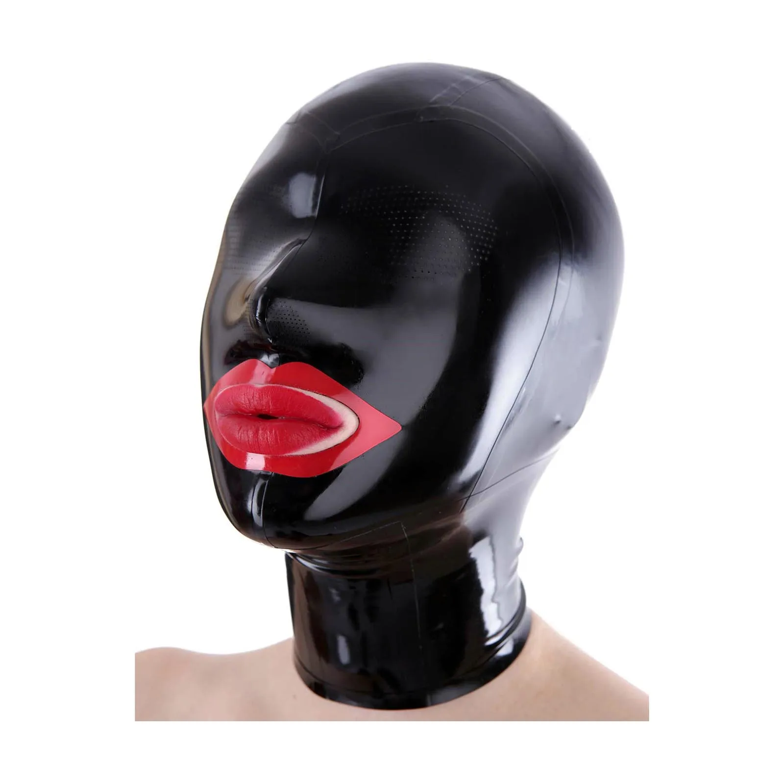 

MONNIK Latex Mask Black Mesh Eyes and Nose Open Mouth Fetish Hood with Rear Zipper Handmade for Catsuit Cosplay Party Custome