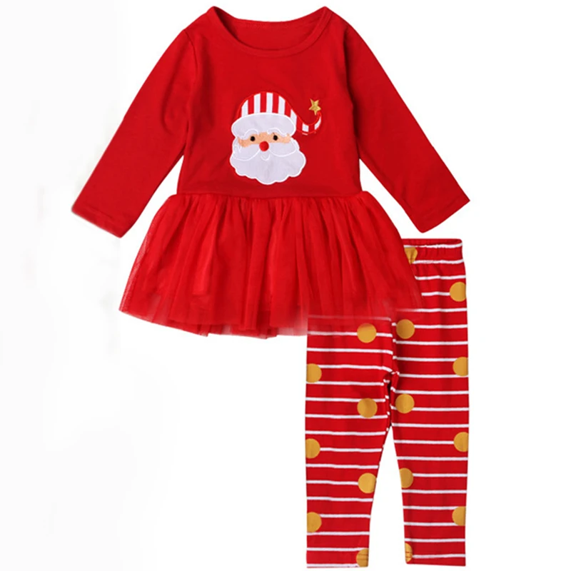 

2Piece Christmas Kids Clothing Baby Girls Outfit Sets Cartoon Cute Cotton Santa Claus Tops+Stripe Pants Children Clothes BC1191