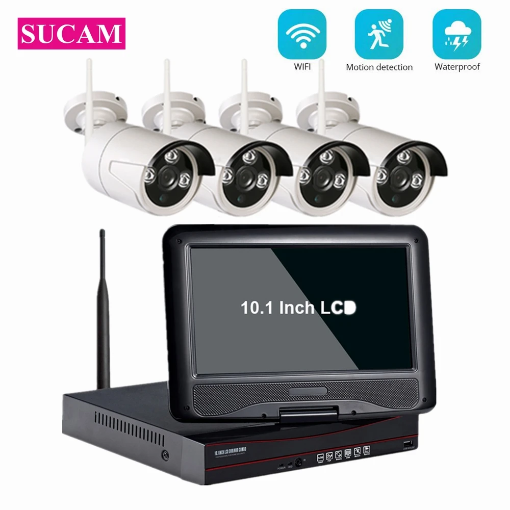 

2MP 4CH Wireless CCTV System H.265 NVR Kit with 10.1 inch LCD Monitor 4*Camera Security WiFi Video Surveillance Kits IP Pro APP