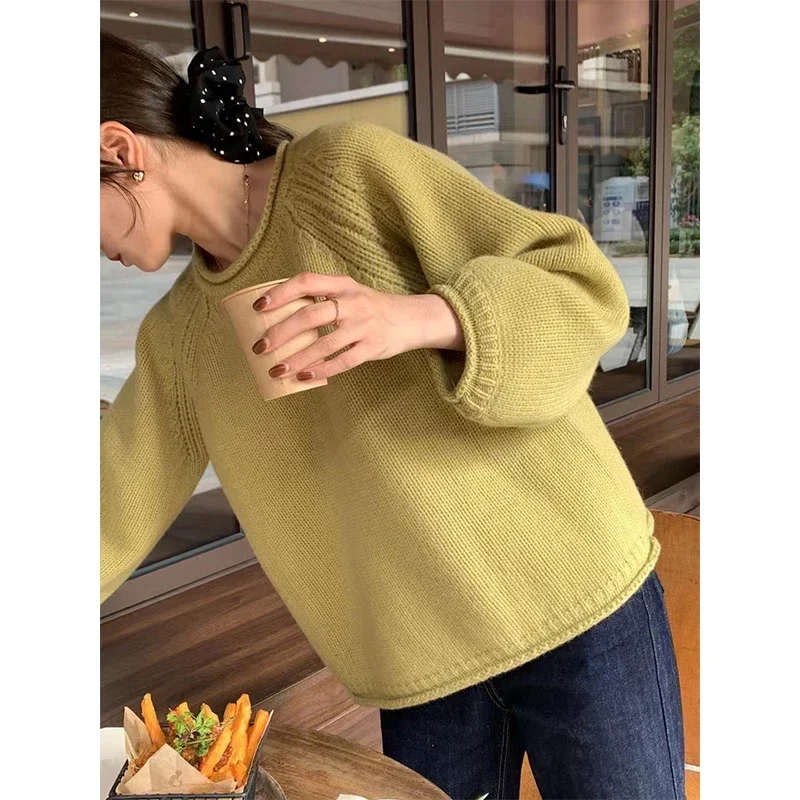 

2023 French Sle Western Sle Yellow Knit Sweater Pullover New Women Autumn Thick Knitting Needle Loose Idle Sle Top