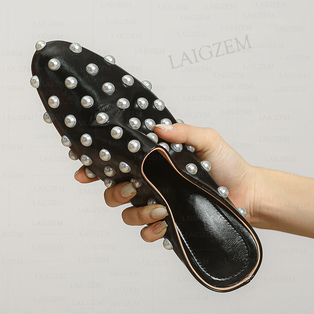 

LAIGZEM Women Pumps Genuine Leather 4.5CM Chunky Block Heels Sheepskin Mules Prom Handmade Female Shoes Woman Size 36 37 39 46