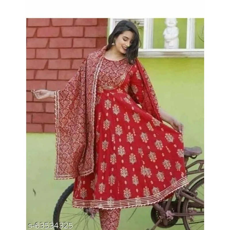 

Indian Kurta Red Anarkali Kurtis Pants Dupatta Set Salwar Kameez