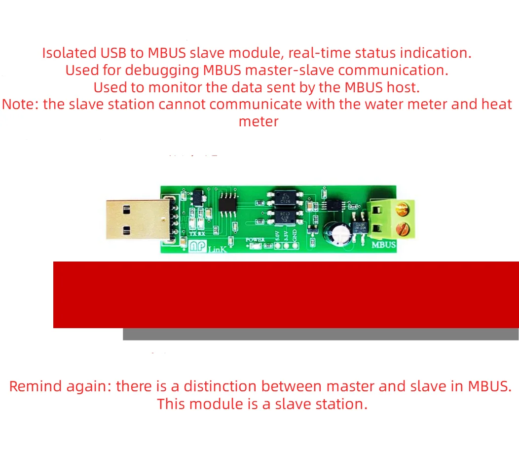 Ведомый модуль USB к MBUS, ведомый модуль MBUS, ведущая ведомая связь, отладка, мониторинг шины, без самоприема
Ведомый модуль USB к MBUS, ведомый модуль MBUS, ведущая ведомая связь, отладка, мониторинг шины, без самоприема