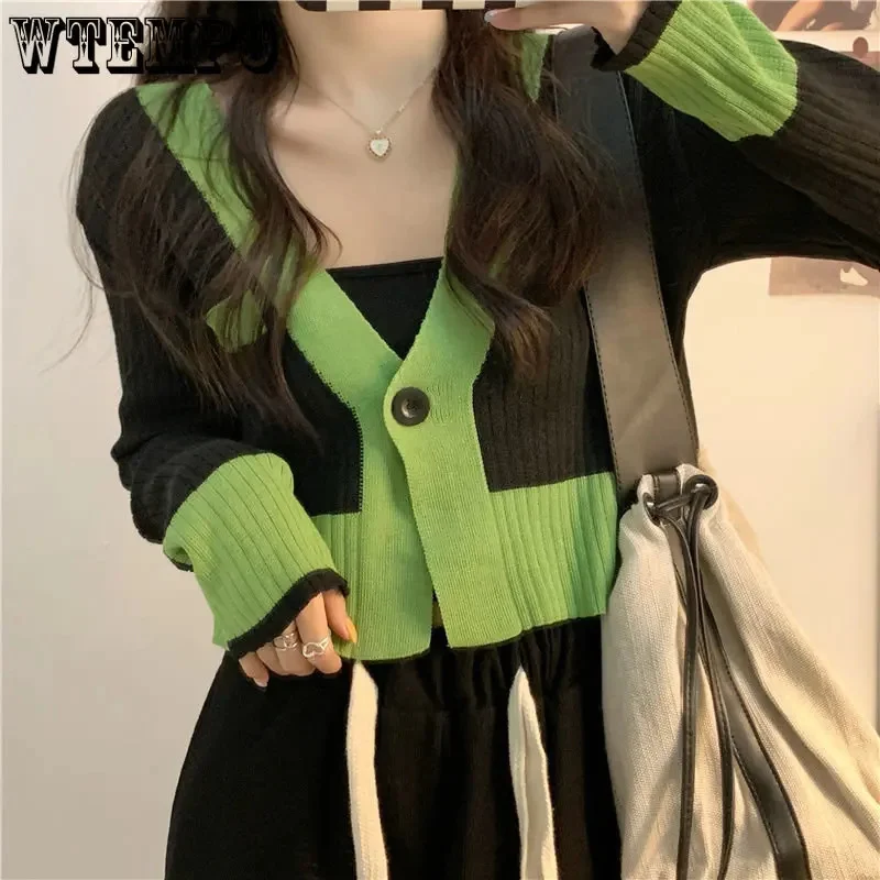

Cropped Cardigan Women V Neck Covered Button Spliced Stretch Thin Spring Long Sleeve Knitted Tops Colorblock Lady Sweater