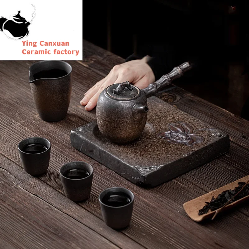 

Japanese Gilding Iron Glaze Tea Set Complete Set Porcelain Kung Fu Tea Set Bamboo Joint Side Handle Pot Dry Pour Small