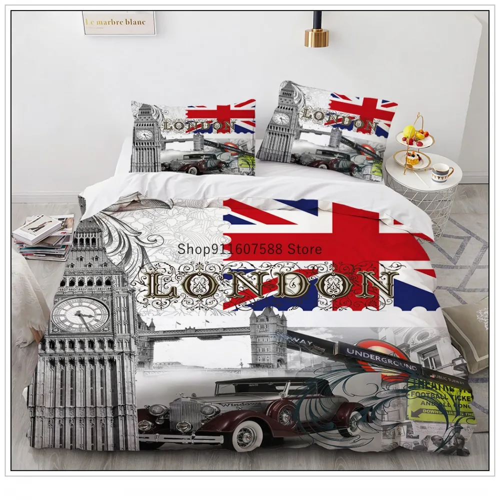 

Retro City USA London City Bedding Set Fashion Car Flowers Duvet Cover Set Adults Home Textiles 2/3pcs Bed Linen NO Sheet