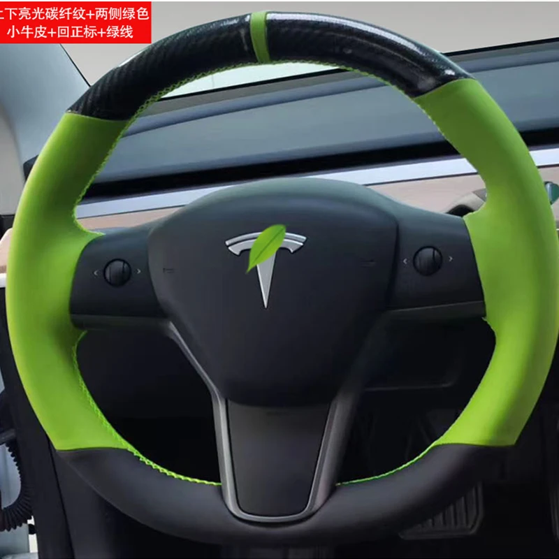 

Hand-stitched Car Steering Wheel Cover For Tesla Model 3 2015-2020 Model Y 2019-2023 Carbon fiber leather Interior accessories