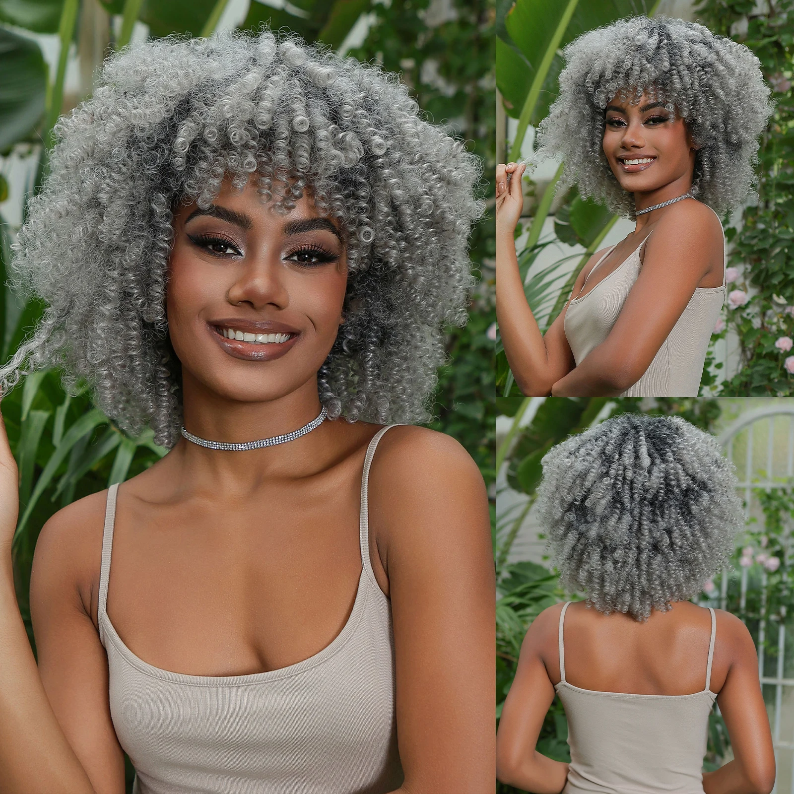 

Afro Kinky Curly Synthetic Wigs Gray Ombre Short Curly Bomb Wigs with Bangs Fluffy Wig for Black Women Daily Use Heat Resistant