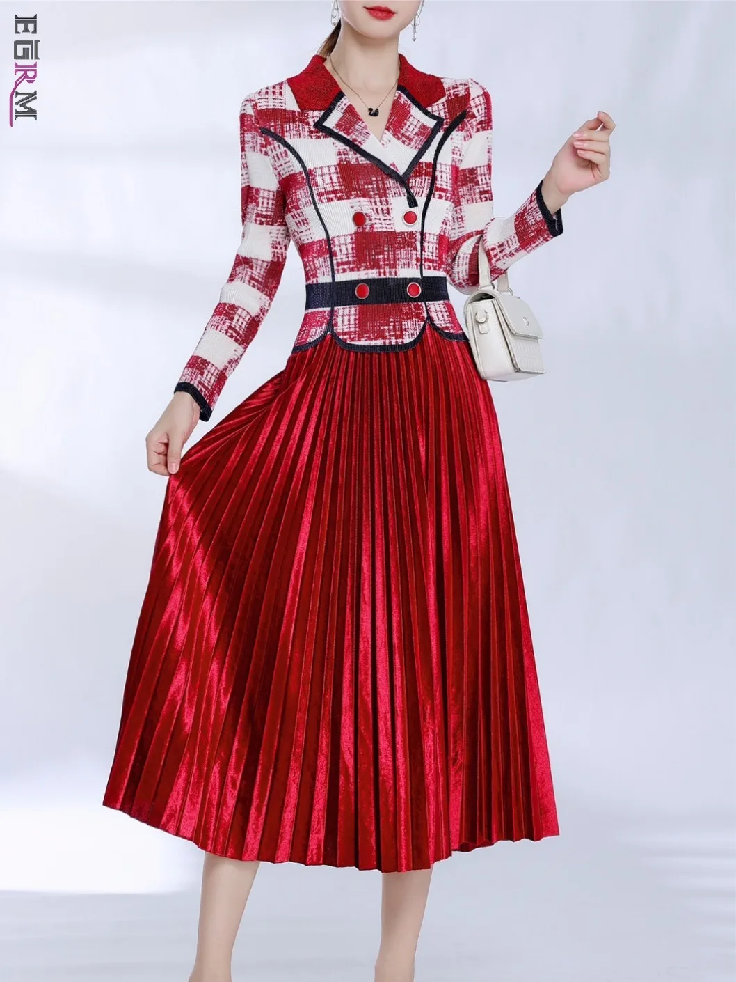 

EGRM Miyake Pleated 2023 Winter New Plaid Dress For Women Turndown Collar Long Sleeves A-line Fold Wedding Party Dresses 6EG1804