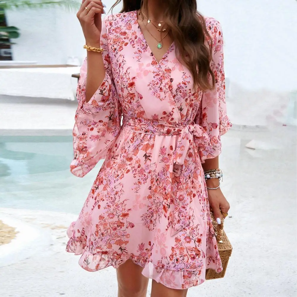 

Women Vacation Dress V Neck Lace-up Belted Tight Waist Ruffle Patchwork Flower Print Three Quarter Sleeves A-line Loose Big Hem