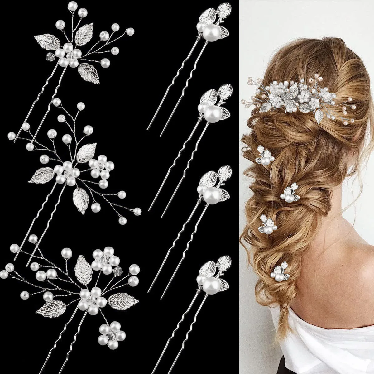 

7pcs Bridal Hairpin Wedding Hair Accessories Pearl U-shaped Hair Clip Fashion Floral Tiaras Marrige Hair Jewelry Lady Prom Crown