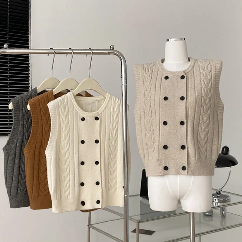 

Autumn Sleeveless Cardigan Knitted Sweater Vest Fashion Women 2024 Winter Casual O-Neck Double Breasted Elegant Twists Top 29054