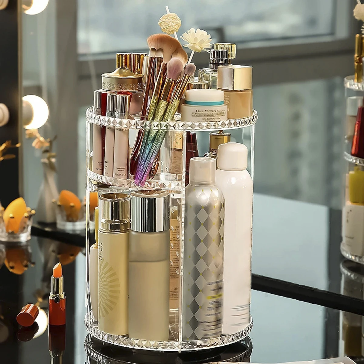 Rotating Makeup Organiser with Compartment 360° Spinning Makeup Holder Acrylic Cosmetic Organizer Stand Large Capacity Vanity 
Rotating Makeup Organiser with Compartment 360° Spinning Makeup Holder Acrylic Cosmetic Organizer Stand Large Capacity Vanity