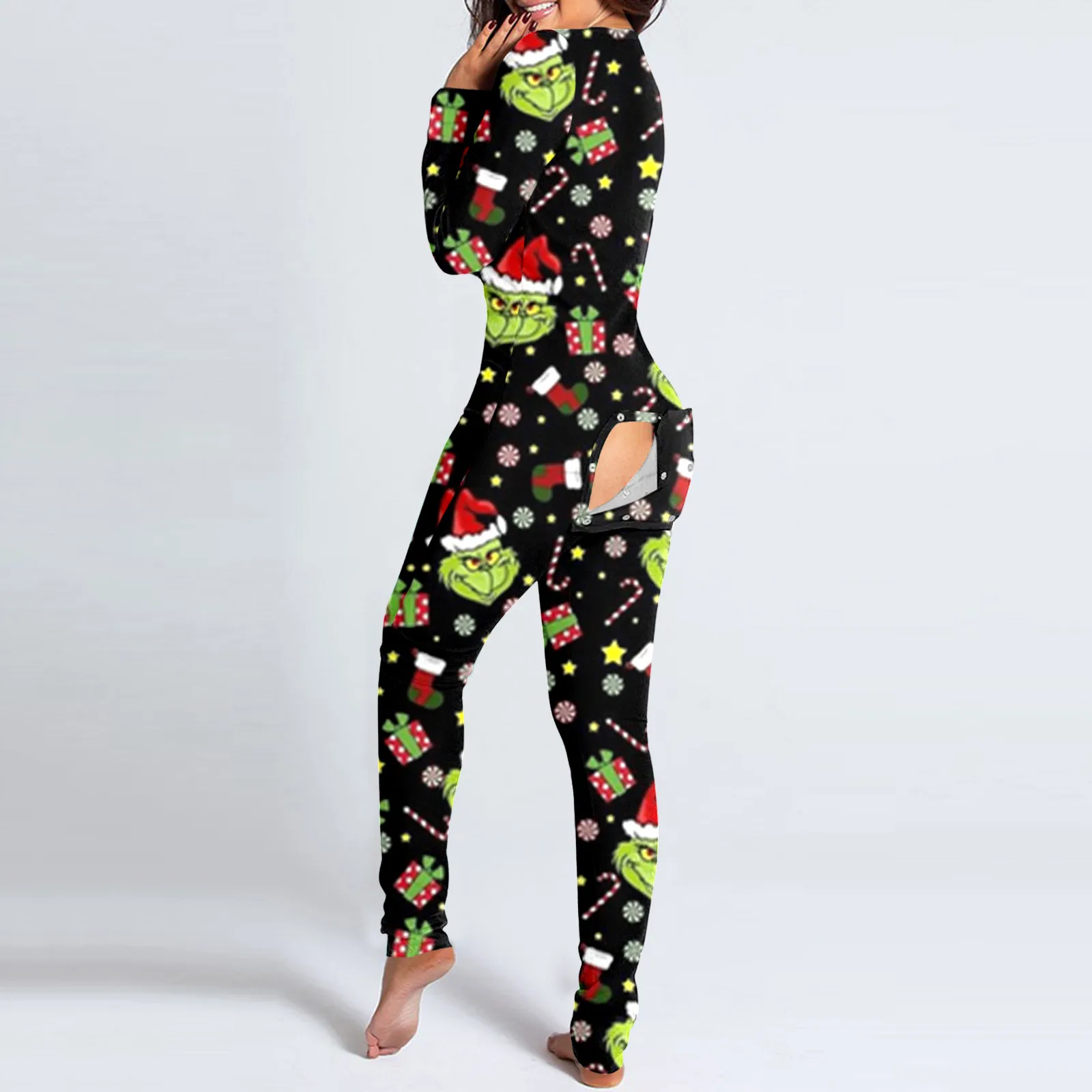 

Sexy Christmas Pyjamas Jumpsuit Women Buttoned Flap Deep V Neck Long Sleeve Home Onesies Xmas Cartoon Printed Sleepwear Bodysuit