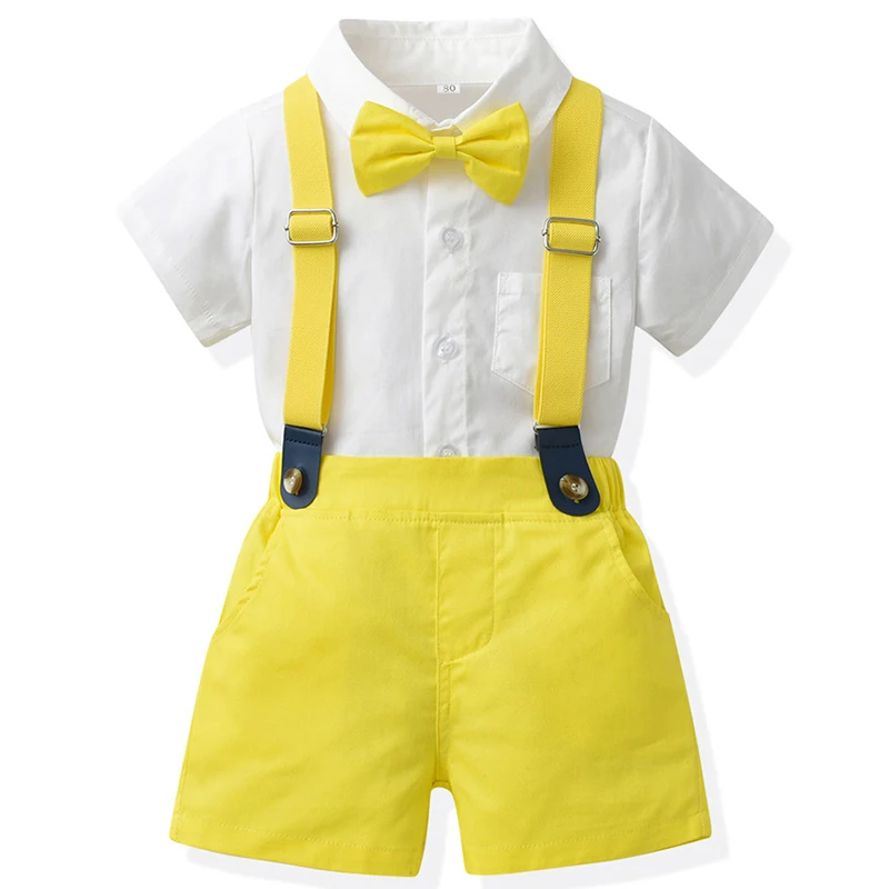

4Piece 2023 Toddler Boy Summer Outfits Korean Baby Clothes Fashion Gentleman Tie T-shirt+Shorts Boutique Kids Clothing Set BC451