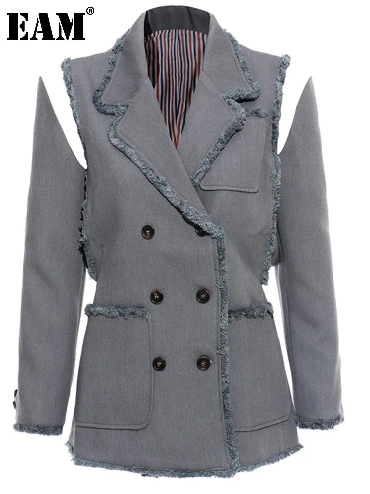 

[EAM] Women Two Ways Wear Tassels Striped Blazer New Lapel Long Sleeve Loose Fit Jacket Fashion Tide Spring Autumn 2024 JX643