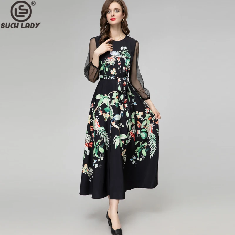 

Women's Runway Dresses O Neck Long Sleeves Printed Floral Sequined Beaded High Street Fashion Vestidos