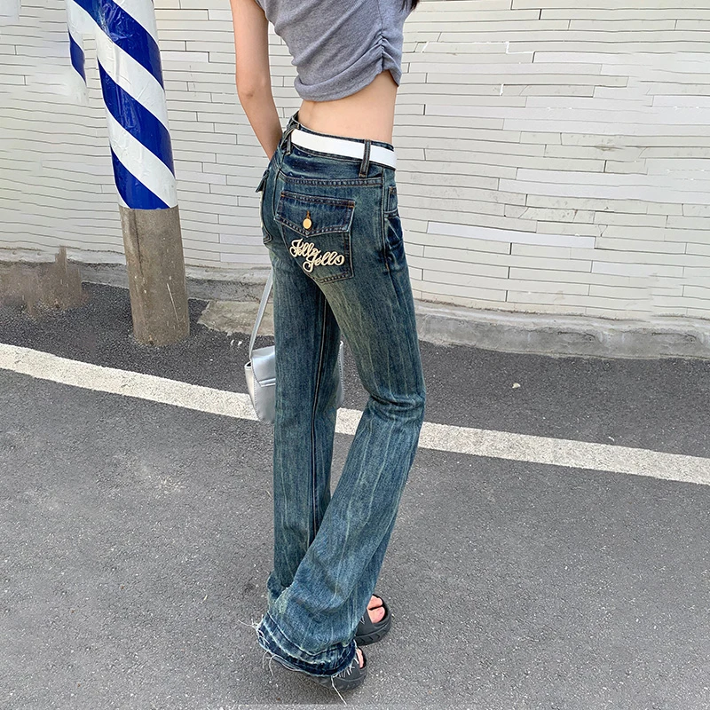 

American Style High Street Spicy Girl Sexy Vintage Trend Low Waisted Micro Horn Jeans Women's Button Zippered Pockets Long Pants