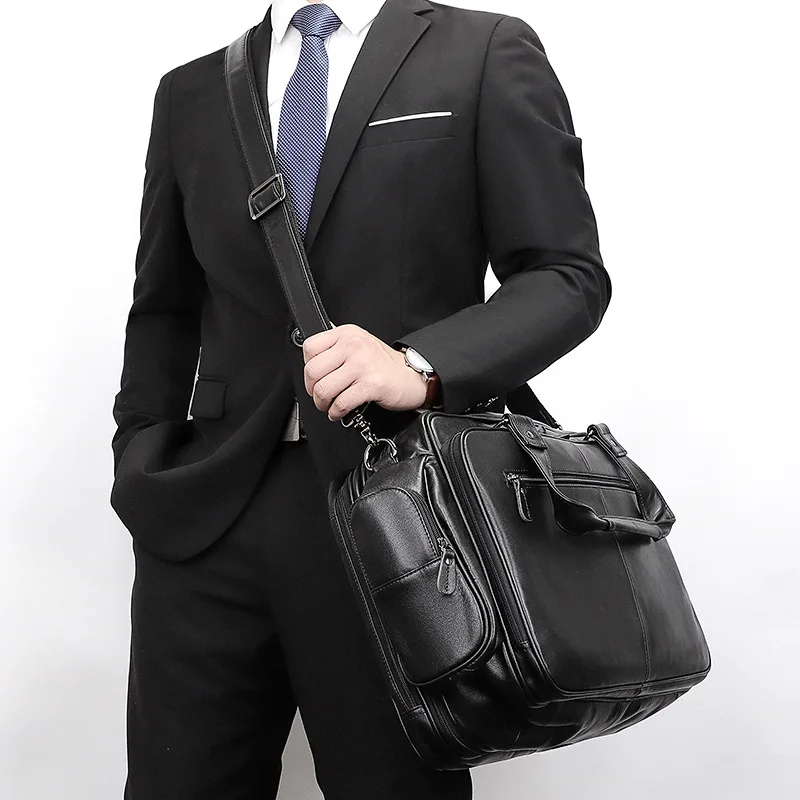 

Luufan Men's Business Briefcase Soft Genuine Leather Laptop Handbag Multifunctional Cowhide Shoulder Messenge bag For Male Black
