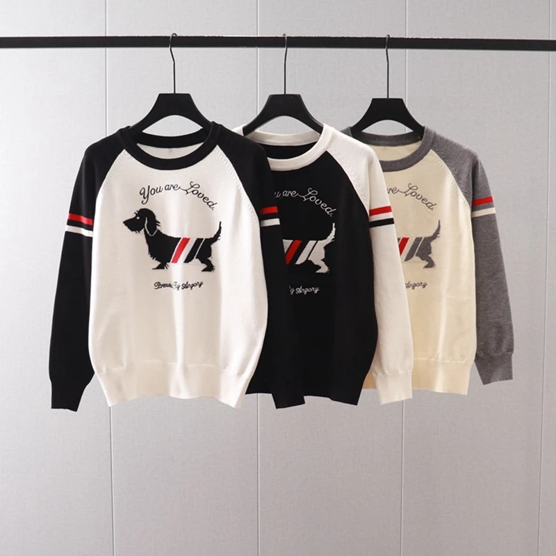 

Autumn and Winter New TB Academy Style Chest Dog Contrast Letter Raglan Sleeve Round Neck Long Sleeve Knit Sweater