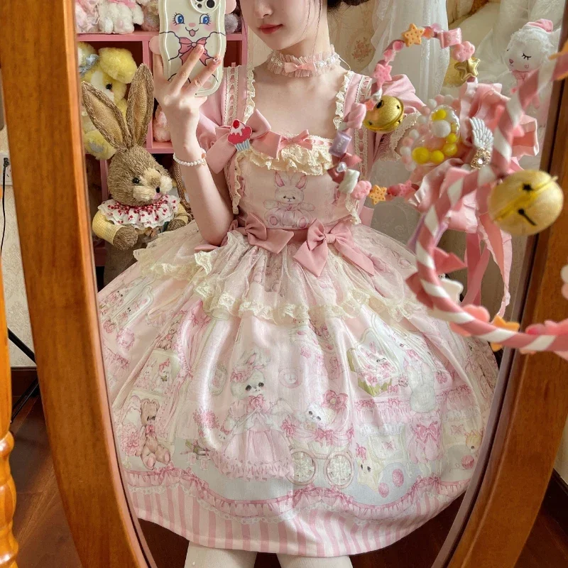 

Kawaii Rabbit Bear Wardrobe Lolita Dress Women Cute Lace Mesh Ruffles Bunny Print Princess Dresses Girls Sweet Tea Party Dress