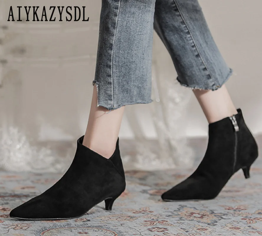 

AIYKAZYSDL 204 Women Cut Out Ankle Boots Kitten Low Heel Spring Short Boots Faux Suede Flock Bootie Boots Work Female Shoes