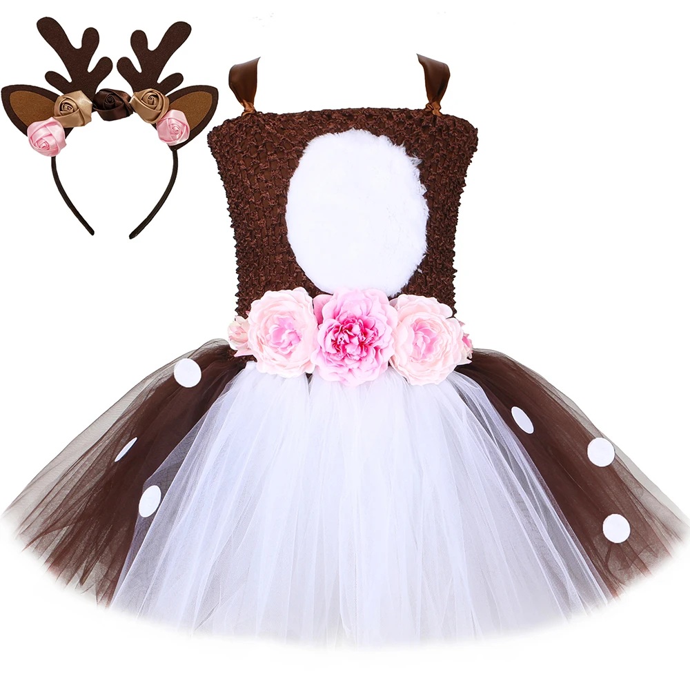 

Deer Costume for Baby Girls Christmas Birthday Party Tutu Dress Flowers Elk Reindeer Cosplay Halloween Costume for Kids Clothes