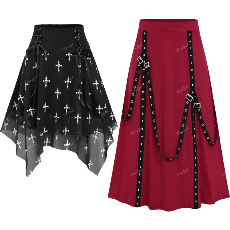 

ROSEGAL Plus Size Women's Skirts New Fashion Black Mesh Layered Lace Up Skirt Deep Red Straps Tassel Buckle Grommet Rivet Skirt