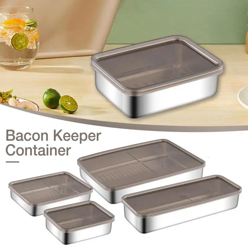 

Bacon Keeper Container Kitchen Grease Drain Containers With Raised Striped Steel Deli Saver Tray For Lunch Meat Storage
