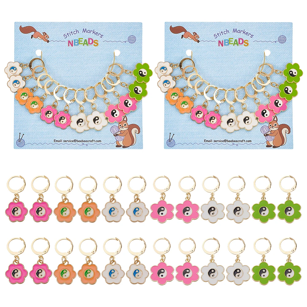 

24Pcs Alloy Enamel Flower with Yin Yang Charm Locking Stitch Markers Golden Tone 304 Stainless Steel Lobster Claw Clasp Locking